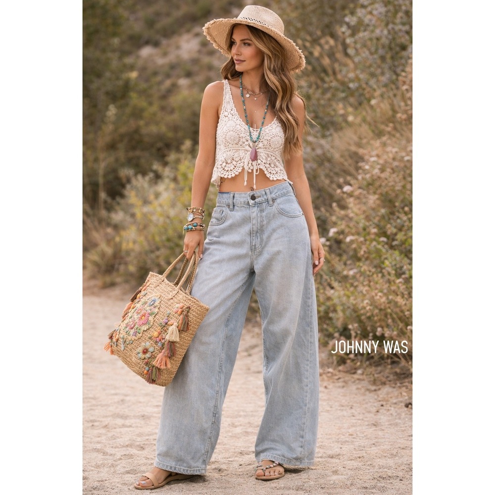 Johnny Was Washed High Rise Cropped Wide Leg Jeans JW1091CN8 Womens